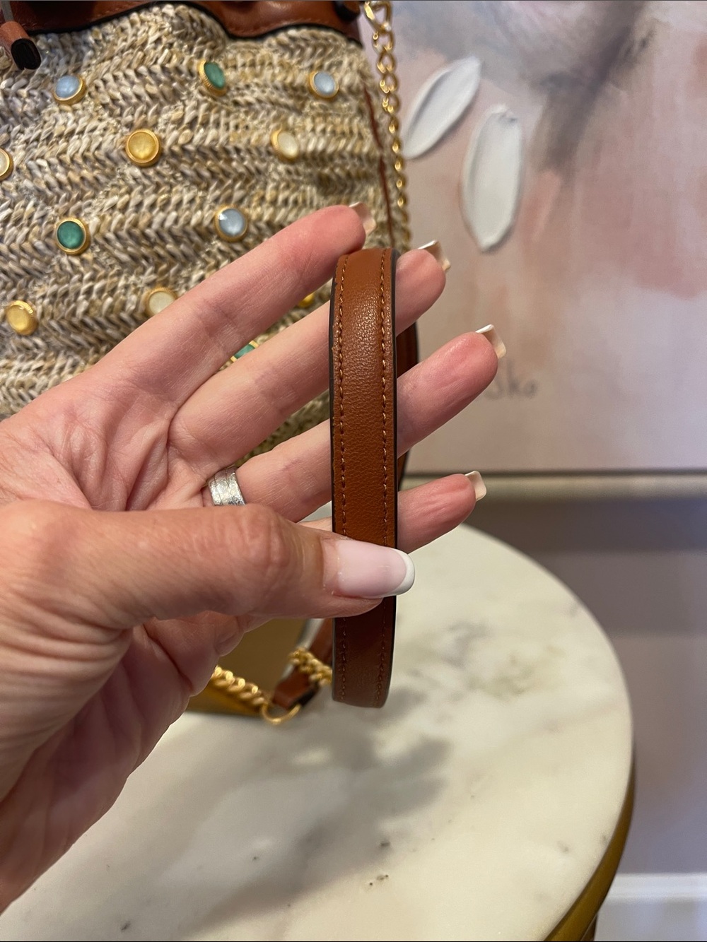 NWOT Tory Burch Brown Leather & Natural Straw Crossbody Bag with Jewels - Picture 5 of 8